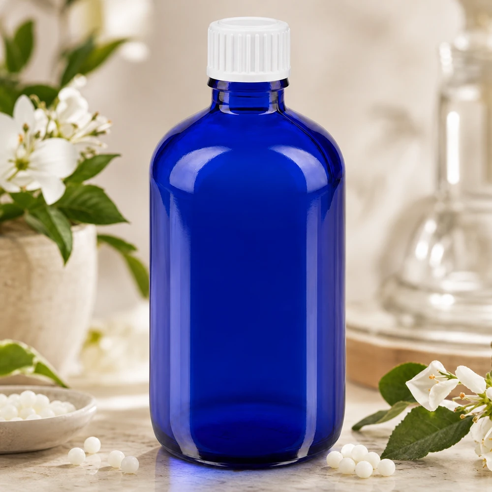 Flacon opaque de 100 ml, bleu cobalt, avec un bouchon blanc, orné de fleurs de jasmin et de granules