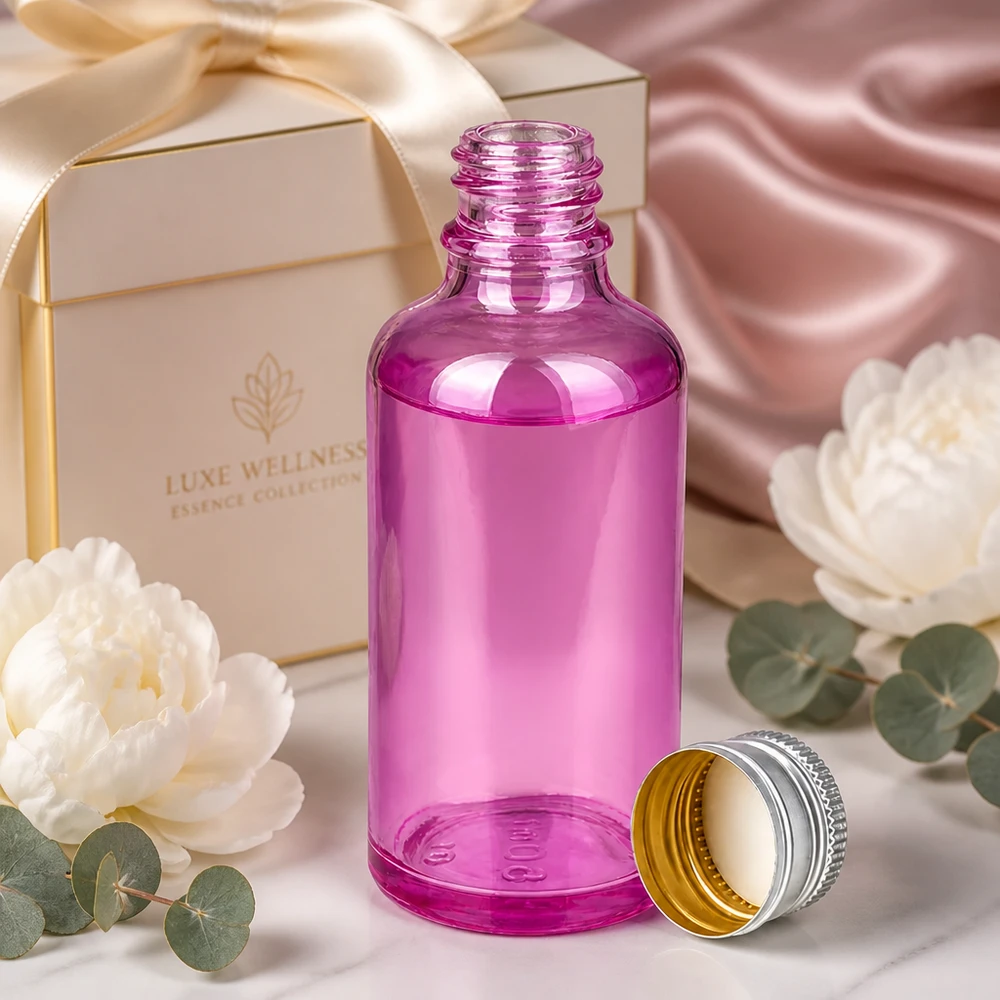 Flacon 50ml bouchon à vis 11mm alu-argent standard PurpleLine.UT18/50 Bouteille de 50 ml en violet avec bouchon en aluminium robuste pour une conservation longue durée