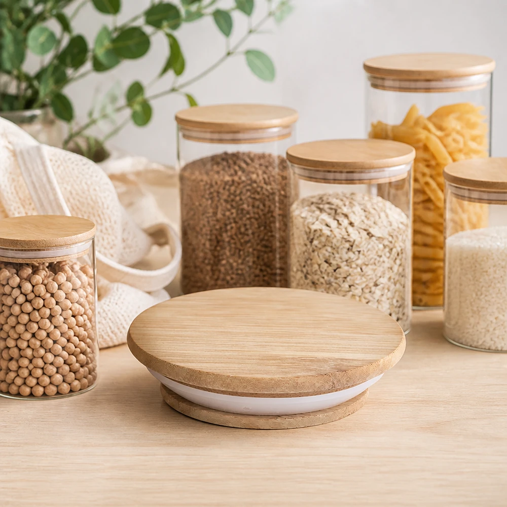 Cuisine moderne Bocaux à provisions avec WECK RR100 Couvercle en bois version A Conservation Céréales Pâtes Légumineuses scandinave