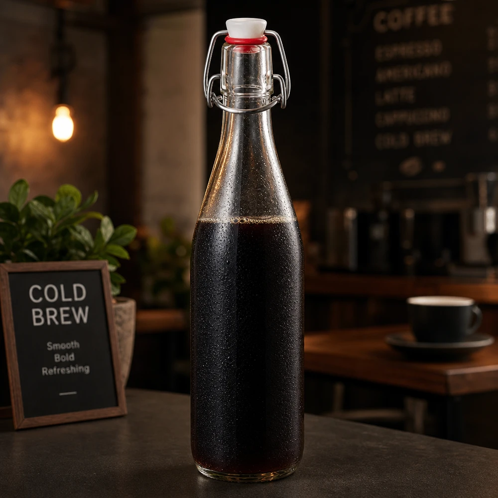 Bouteille en verre de 500 ml + bouchon mécanique en porcelaine UN.. Bouteille en verre de 500ml avec bouchon à étrier remplie de café Cold Brew dans une atmosphère de café à côté d'un panneau publicitaire
