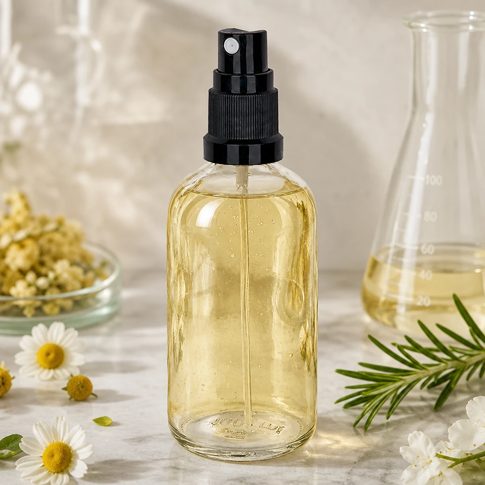 Produit cosmétique naturel à la camomille et au romarin, en flacon vaporisateur en verre de 100 ml avec vaporisateur noir