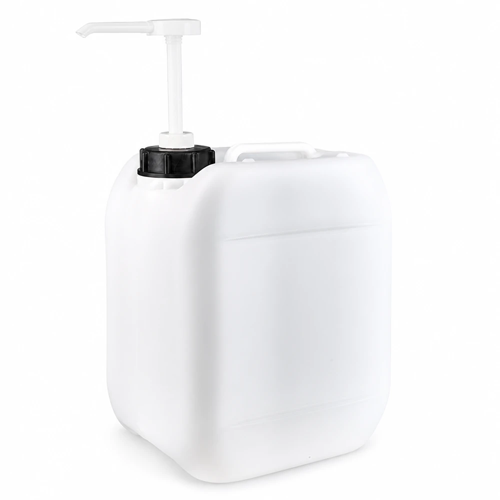 Jerrican de 5 litres avec pompe doseuse Bidon rectangulaire en PEHD de 5 L, de couleur blanche, avec pompe de distribution intégrée pour liquides