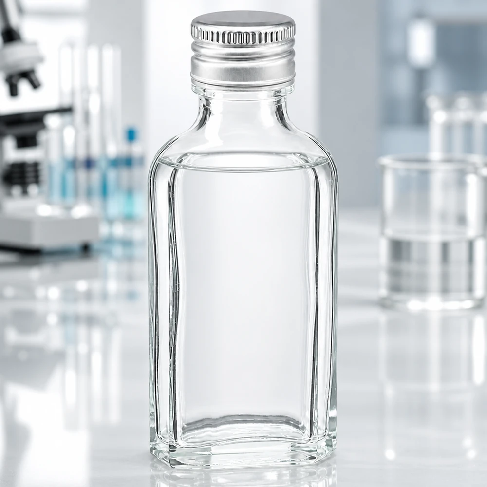 50 ml Meplat clair avec bouchon alu argent PP22 Flacon en verre rectangulaire de 50 ml, transparent, avec bouchon à vis en aluminium argenté PP22, pour échantillons et réactifs
