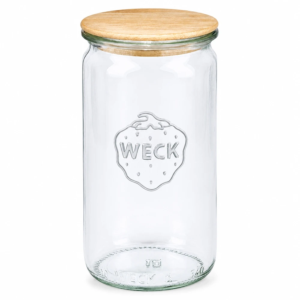 340ml bocal cylindrique WECK RR60 avec couvercle en bois WECK Pot cylindrique 340ml RR60 avec couvercle en bois Pot de conservation transparent en verre avec couvercle en bois naturel