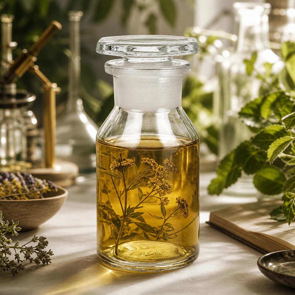 Flacon à col large et conique 50 ml en verre clair + bouchon de verre Flacon transparent à paroi droite de 50 ml, à col large et muni d'un bouchon en verre, destiné aux extraits botaniques
