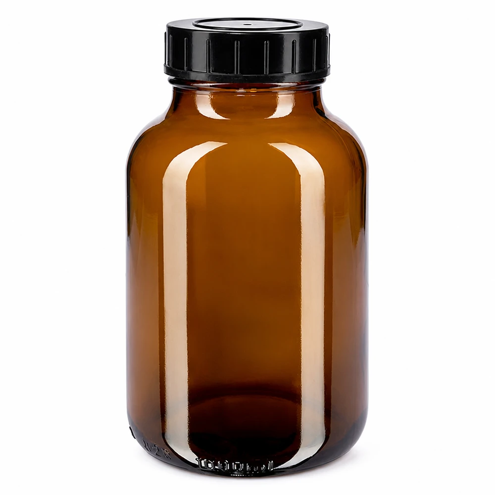 Bouteille à col large 1000ml en verre brun avec bouchon à vis noir pour la conservation