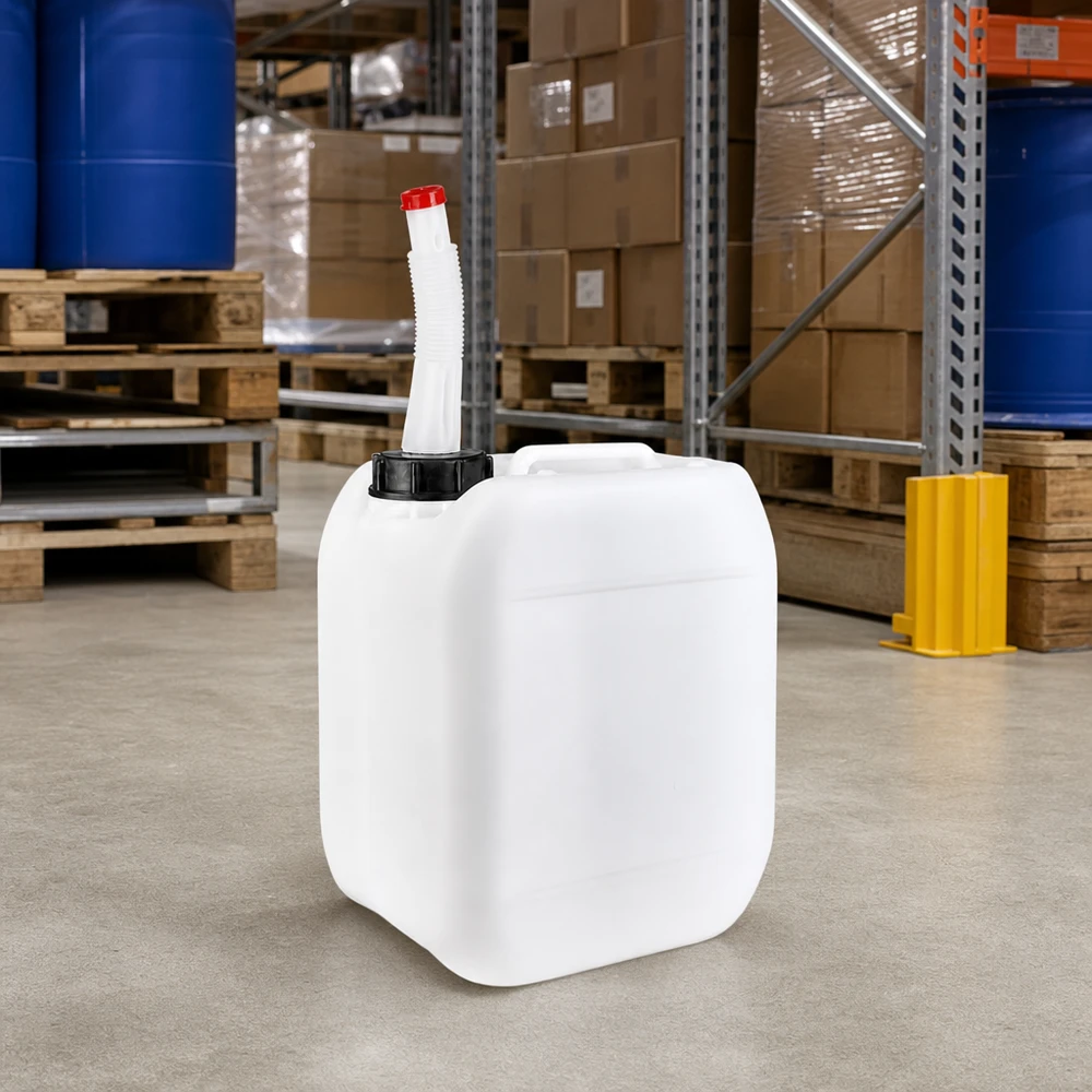 Bidon portable de 5 litres muni d'un bec verseur flexible, posé sur le sol en béton d'un entrepôt industriel