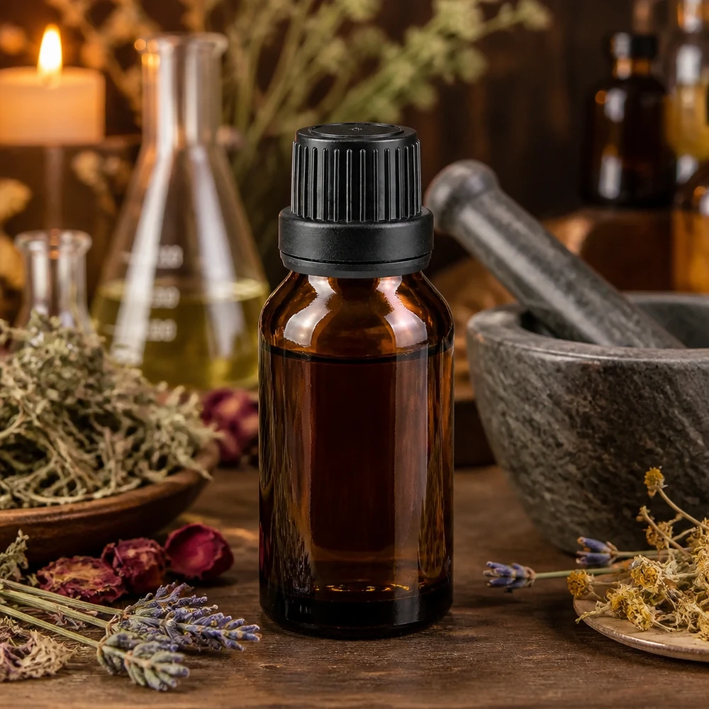 Flacon en verre ambré de 15 ml avec bouchon noir et joint, à côté d'un flacon Erlenmeyer et de plantes médicinales