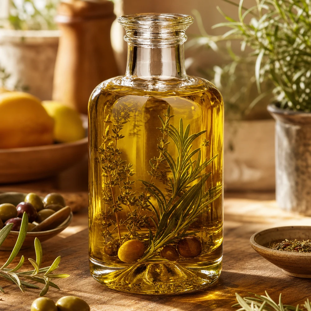Flacon à pharmacie « Sofia » 100 ml sans bouchon UNiTWIST® Bouteille en verre Sofia de 100 ml remplie d'huile aux herbes décorativement arrangée avec des olives et des herbes fraîches sur une table en bois