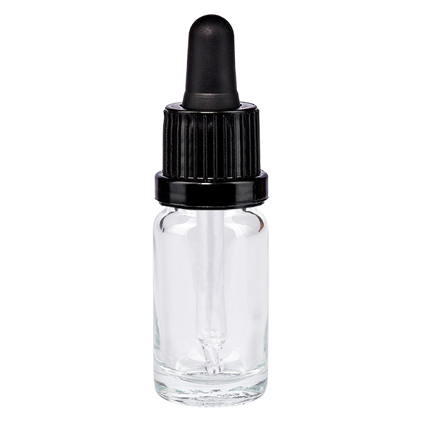 Flacon à pipette 10ml noir OV ClearLine UT18/10 Flacon-pipette de 10 ml en verre transparent avec bouchon compte-gouttes noir ClearLine UT18/10