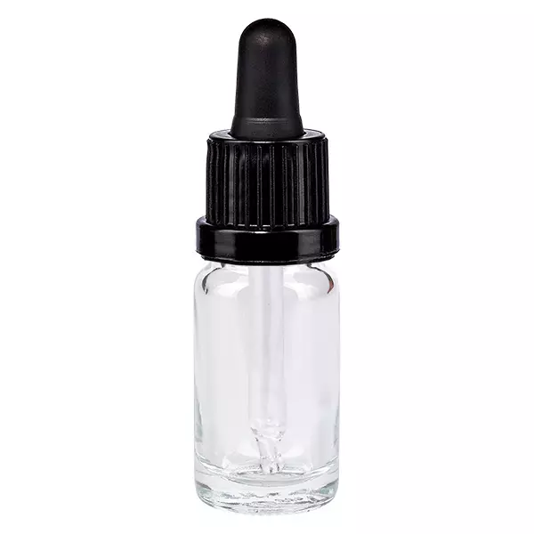 Flacon-pipette de 10 ml en verre transparent avec bouchon compte-gouttes noir ClearLine UT18/10