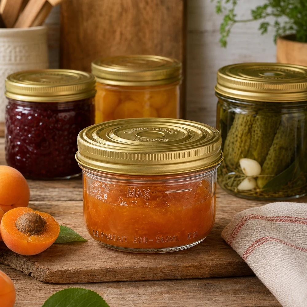 Le Parfait® Familia Wiss 200 g Ø82 mm bocal Pot de 245 ml Familia Wiss avec couvercle doré rempli de confiture d'abricots sur planche en bois à côté d'abricots frais