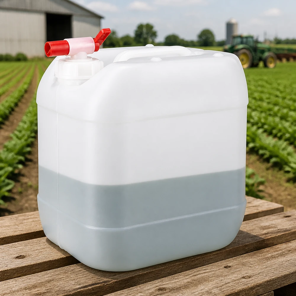 Bidon en plastique robuste de 15 litres avec robinet, destiné au secteur agricole, posé sur des planches de bois patinées par les intempéries
