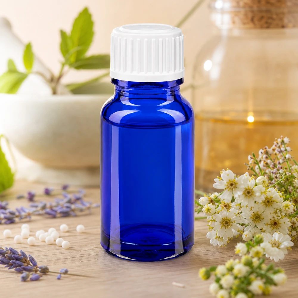 Flacon ApoGlas bleu cobalt de 3 mm, contenance 10 ml, avec bouchon blanc standard GR pour globules