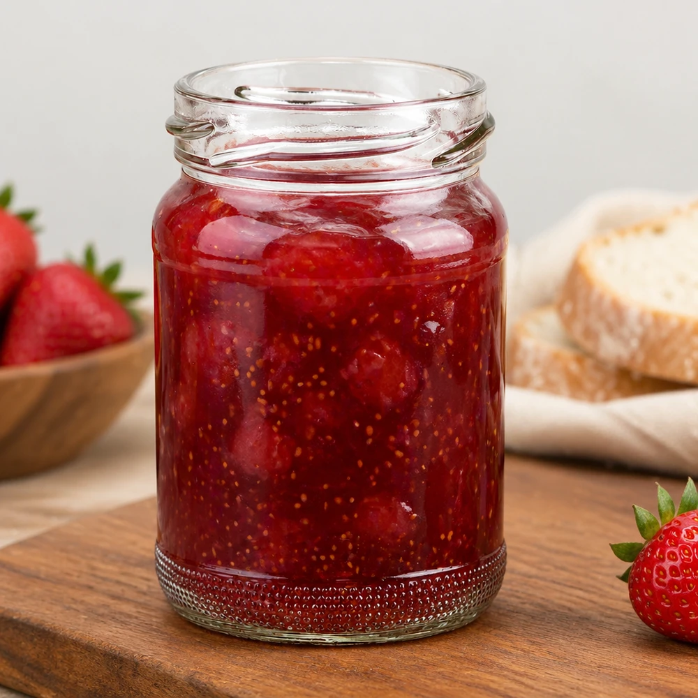 110ml Verre rond sans couvercle (TO48) UNiTWIST UNiTWIST Runda110 Verre rond 110ml TO48 rempli de confiture de fraises rouges sur une planche en bois à côté de fraises fraîches