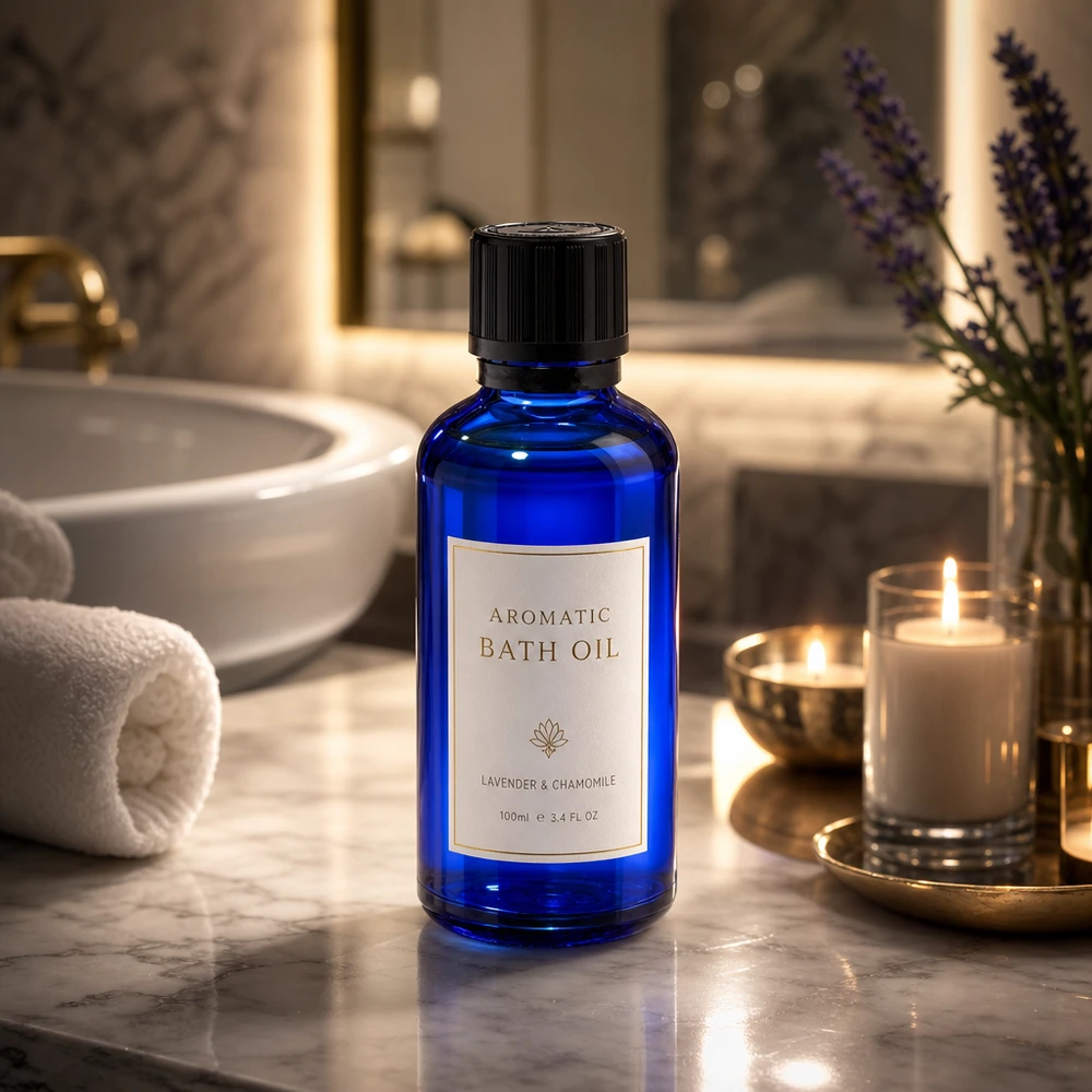 Flacon à pharmacie bleu 50ml bouchon inviolable 1mm noir sécurité enfant adapté aux aveugles bouchon inviolabilité Flacon en verre bleu cobalt de 50 ml muni d'un bouchon KiSi noir, dans une élégante salle de bains