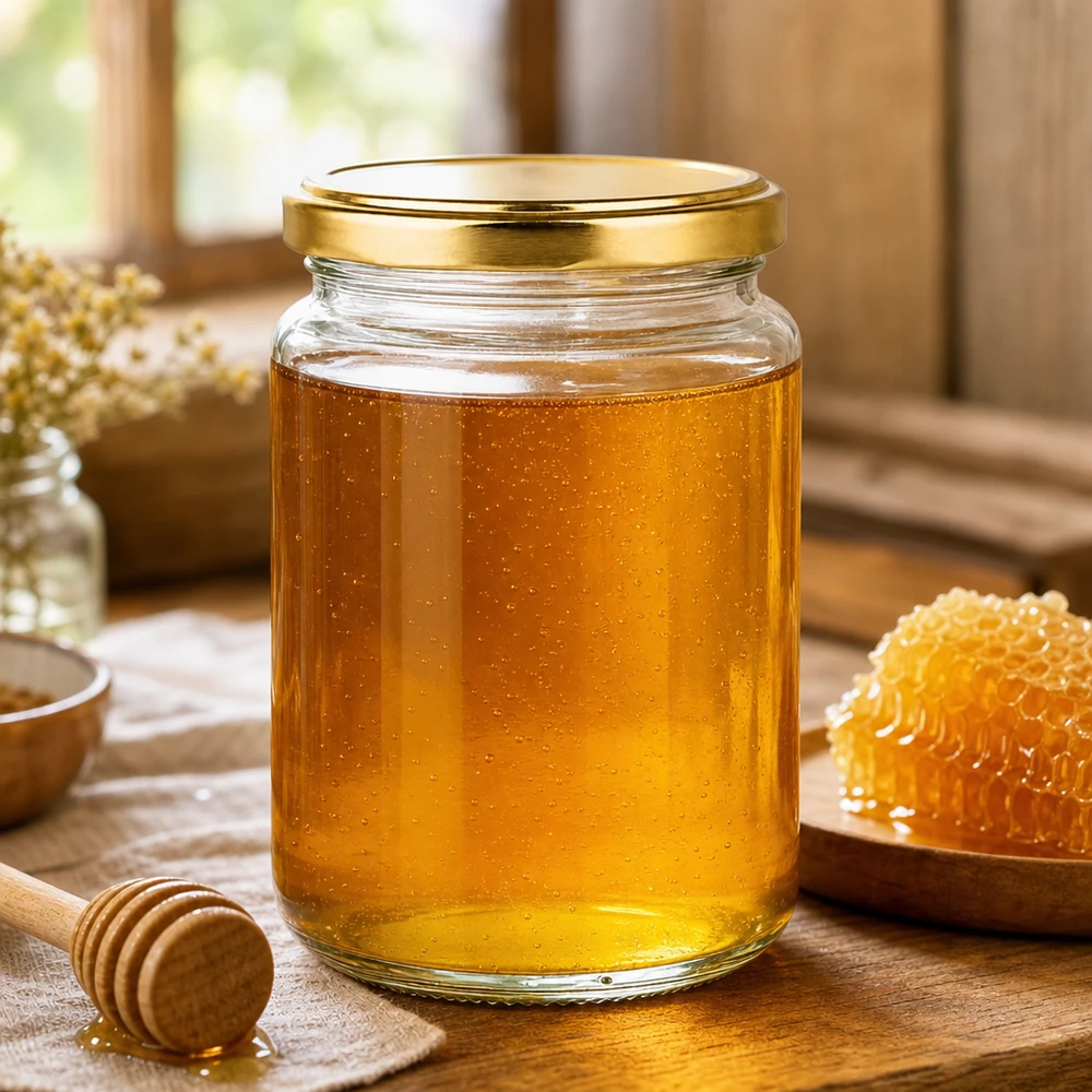 Pot rond de 382 ml avec couvercle doré rempli de miel à côté d'un nid d'abeilles et d'une cuillère à miel sur une table en bois