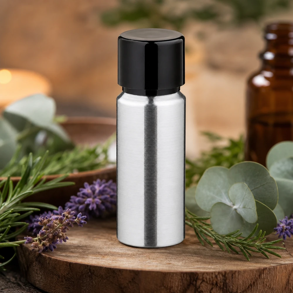 Bouteille en aluminium poncé 20 ml, avec bouchon à vis noir et joint conique Bouteille en aluminium de 20 ml de forme cylindrique élancée avec un design élégant et poli