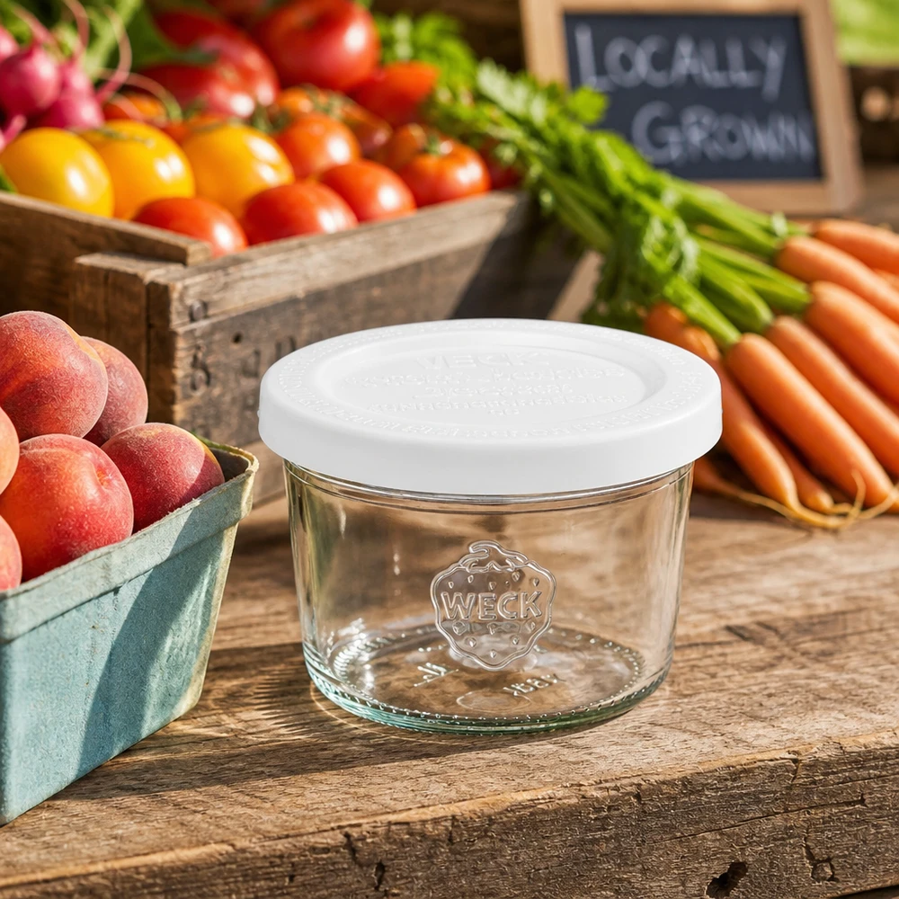 Bocal en verre de 80 ml avec couvercle hermétique WECK RR60 Pot de 80 ml WECK RR60 avec couvercle fraîcheur entre des légumes frais et des fruits sur une table en bois rustique pour une conservation naturelle.