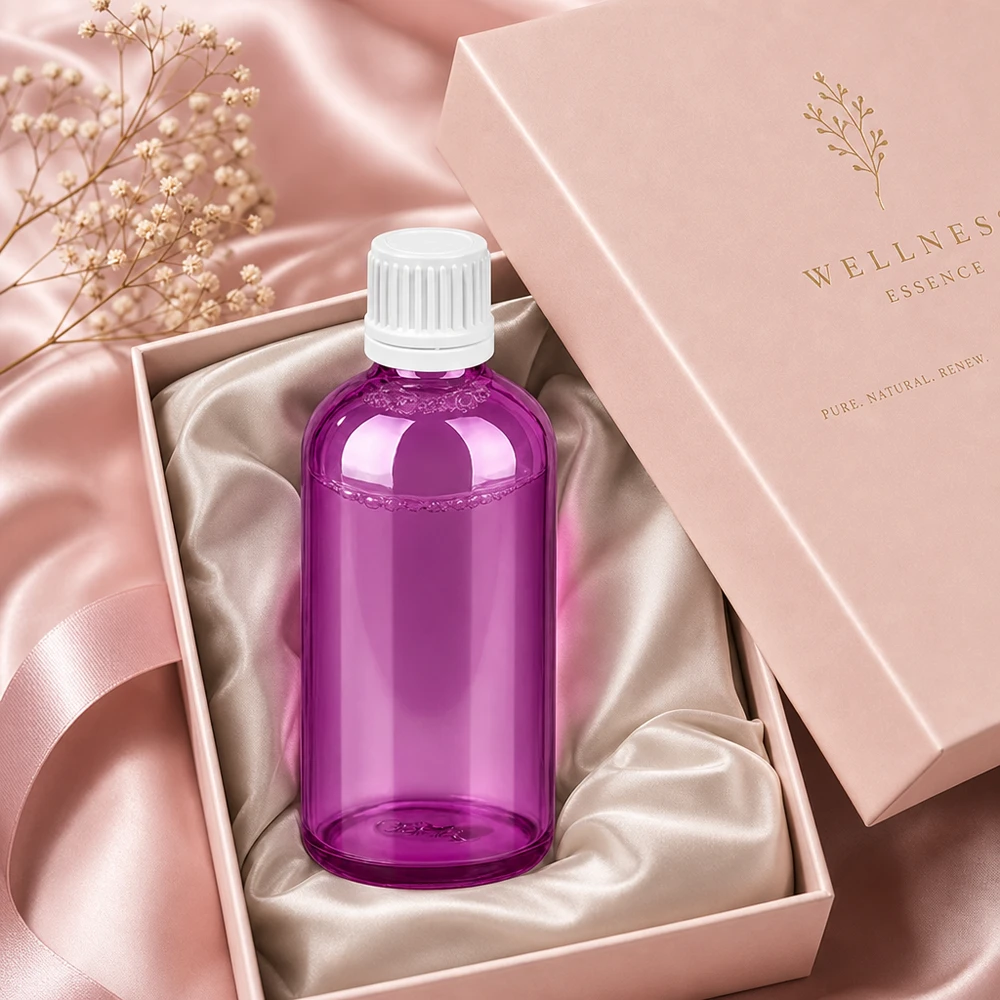 Elégant flacon violet de 100 ml avec bouchon blanc, idéal pour l'aromathérapie et les huiles de massage.