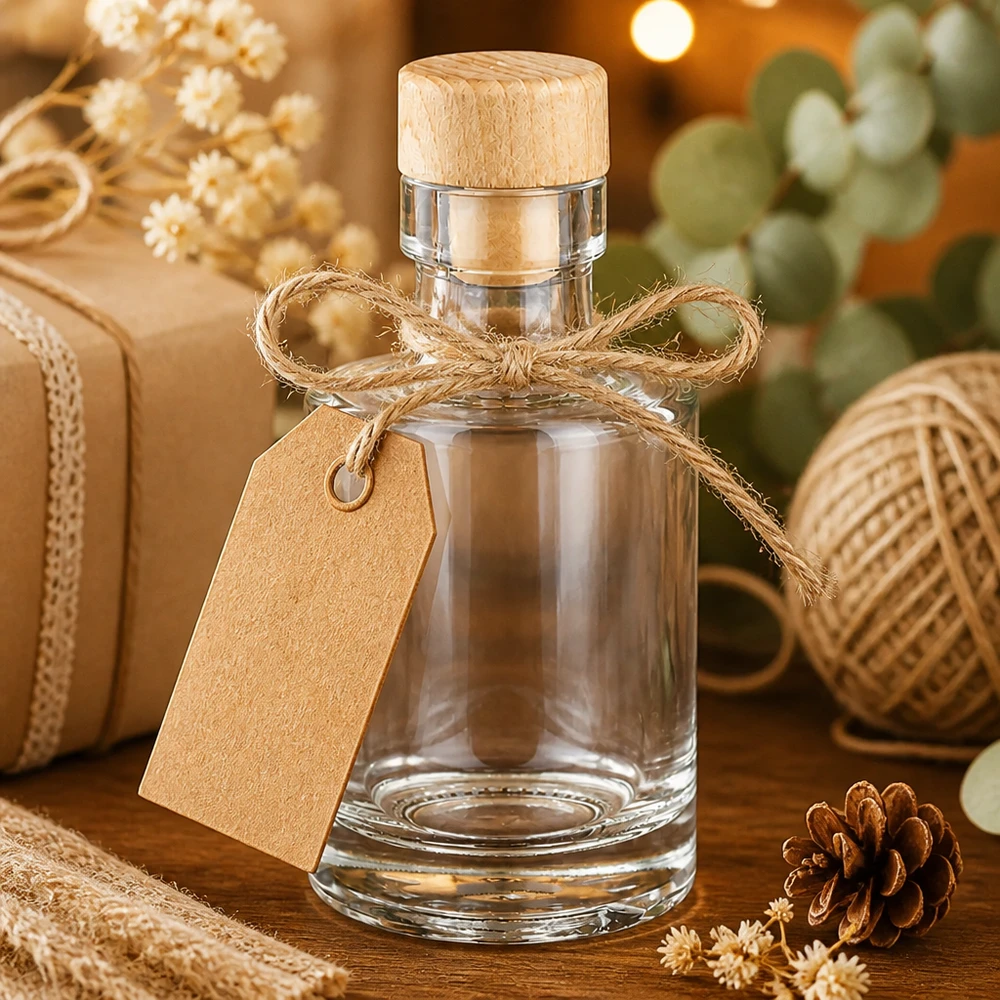 Bouteille en verre Marie de 100 ml avec bouchon en bois, emballée avec un ruban de jute et une étiquette cadeau dans un décor rustique.