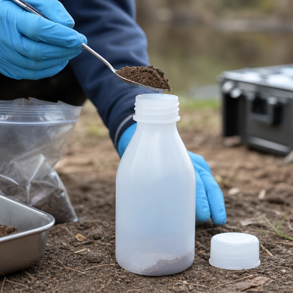Flacon 100 ml à col étroit, avec bouchon Flacon à vis de 100 ml à col étroit avec bouchon blanc, destiné à l'analyse des sols et à la surveillance de l'environnement