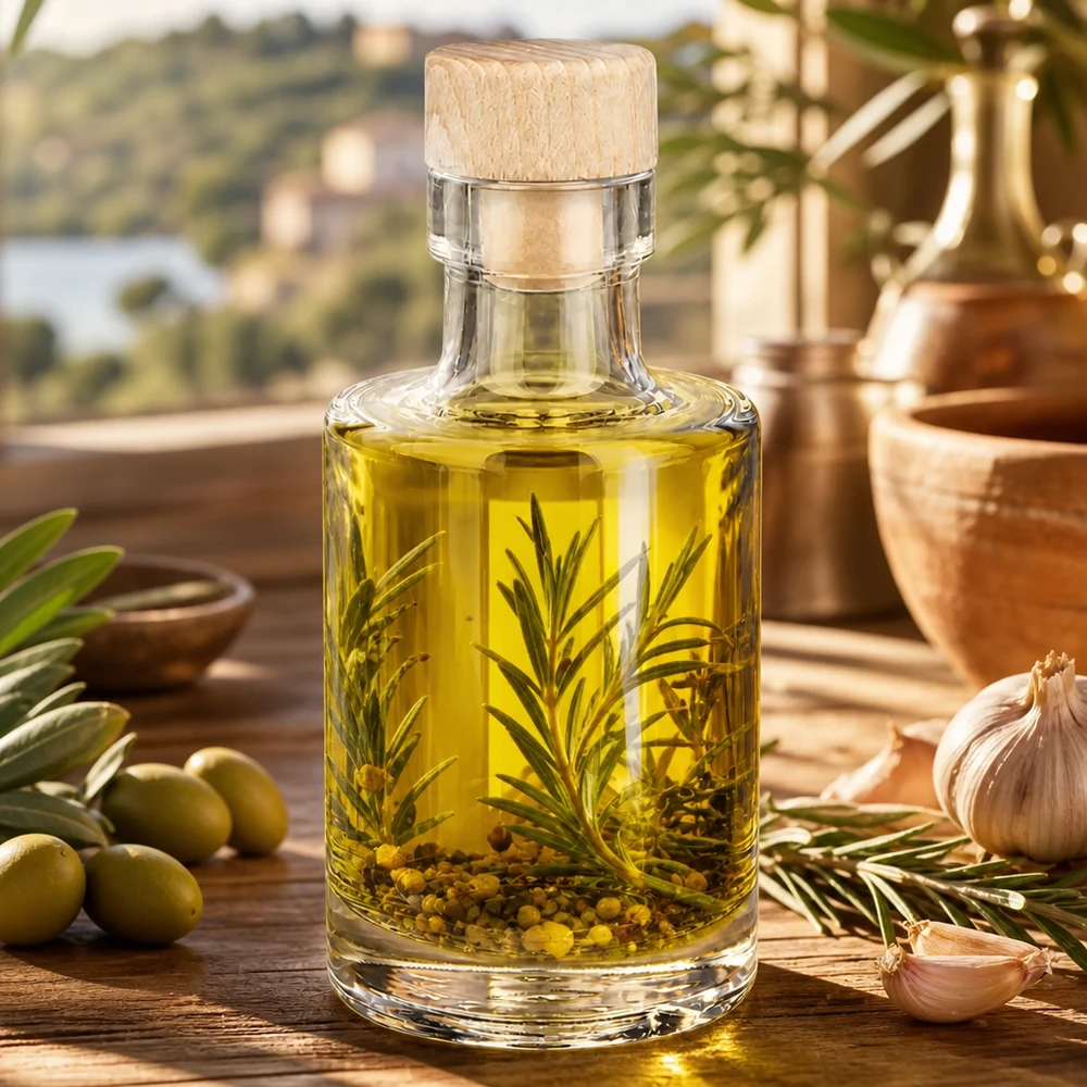 Bouteille en verre Marie de 100 ml avec bouchon en bois remplie d'huile aux herbes romarin poivre en grains à côté d'olives et d'ail mediterra