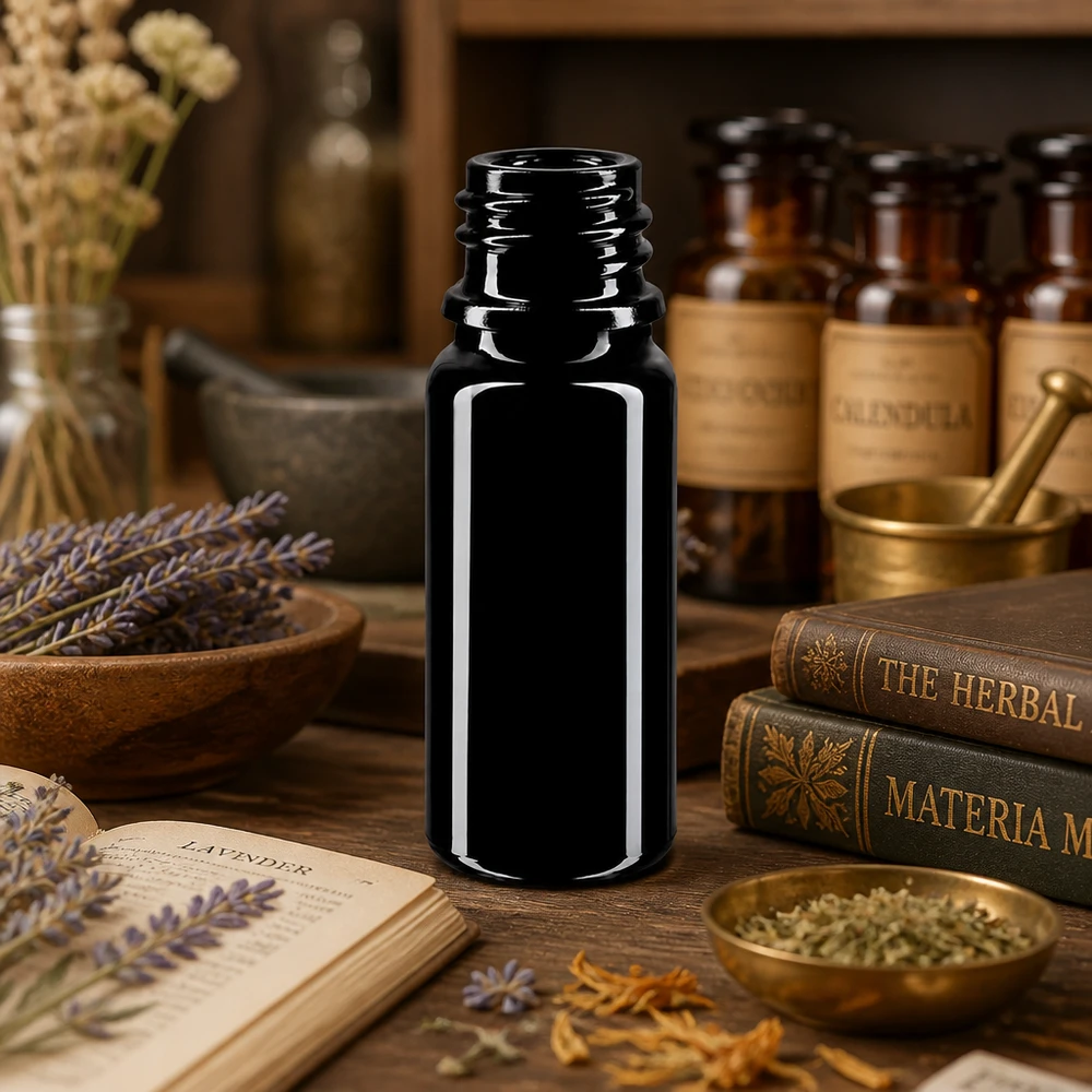 Flacon en verre violet 10 ml DIN18 (verre Miron) Elégant flacon en mironglass 10ml avec bouchon DIN 18 pour l'aromathérapie professionnelle