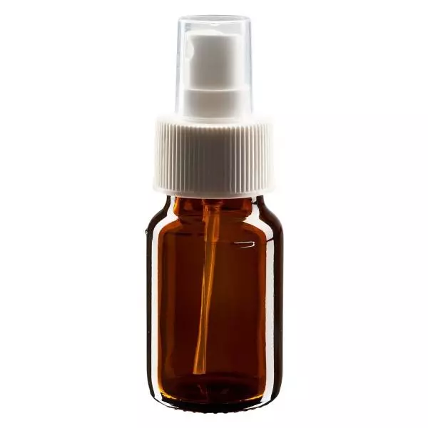 Flacon médical norme européenne de 30 ml avec spray blanc GCMI 28/410 et couvercle transparent, standard Flacon médical norme européenne de 30 ml avec spray blanc GCMI 28/410 et couvercle transparent, standard