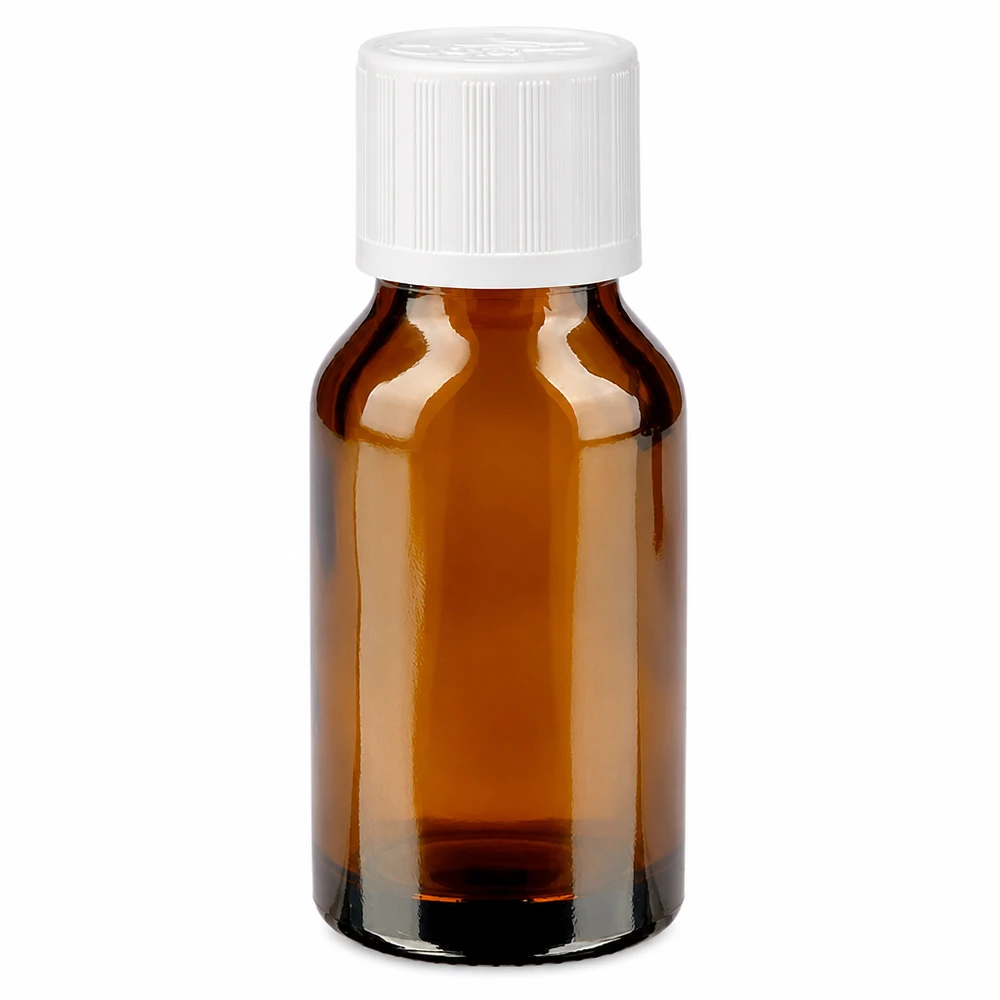 Petit flacon en verre ambré de 30 ml avec bouchon à vis blanc et sécurité enfant, destiné aux pharmacies