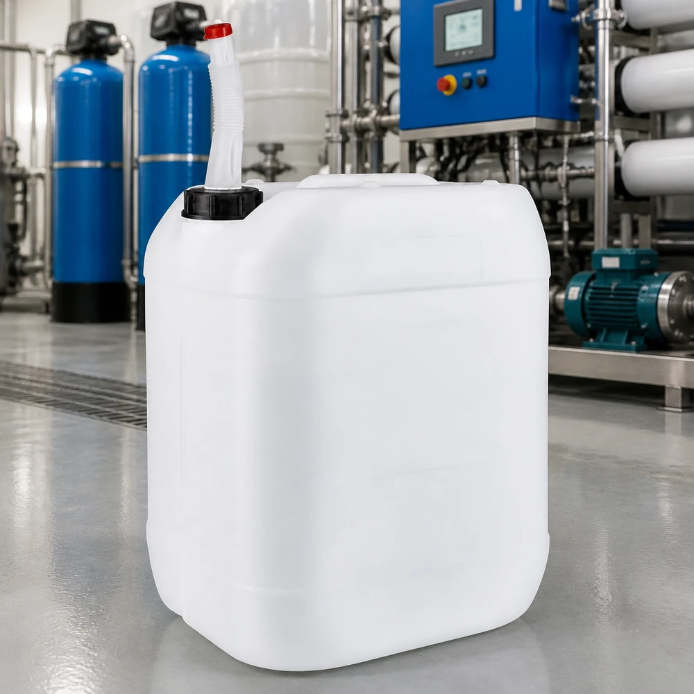 Bidon plat empilable de 20 litres avec bec verseur flexible et bouchon à vis DIN noir, en blanc