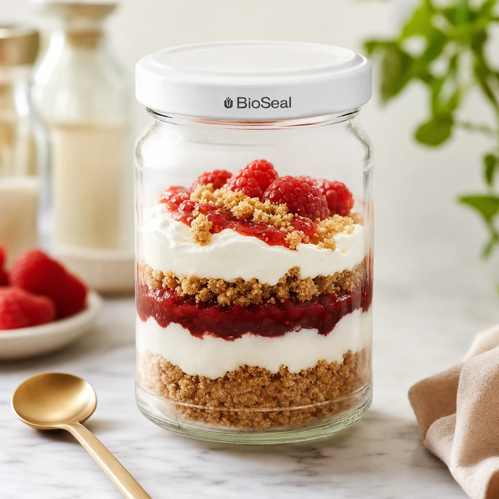 UNiTWIST Runda205 avec couvercle TO58 BioSeal comme verre à dessert pour dessert en couches avec baies et crème fraîche
