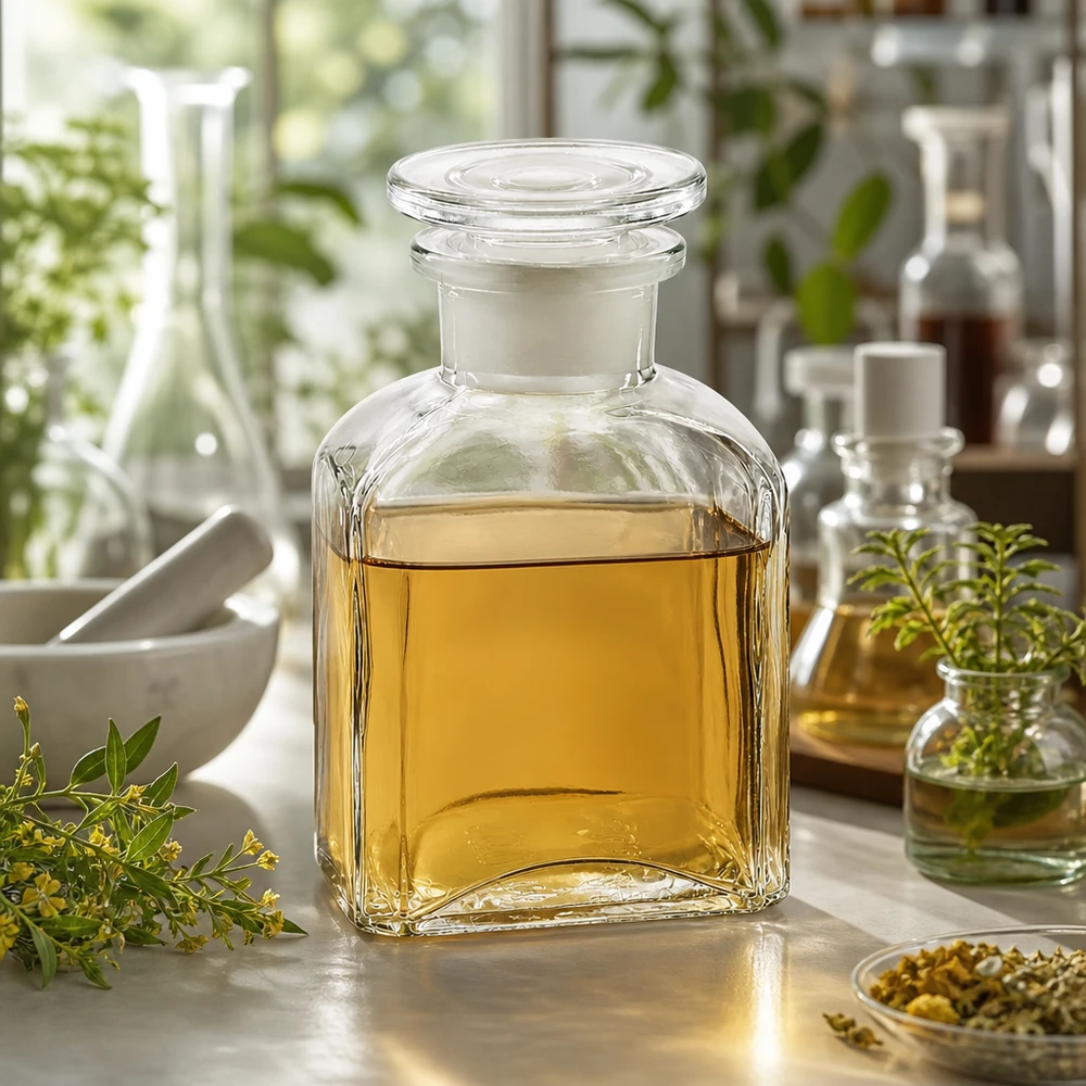 Flacon carré col large 150 ml + bouchon RIN, verre clair Petite bouteille en verre de 150 ml à large goulot et bouchon en verre, destinée à l'aromathérapie