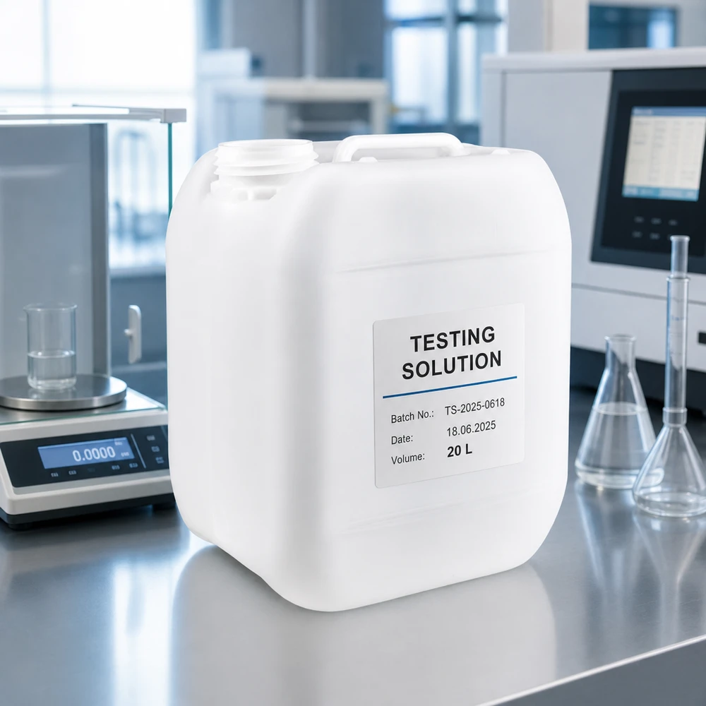 Bidon de laboratoire blanc de 5 litres, sans bouchon, portant le numéro de lot et la date