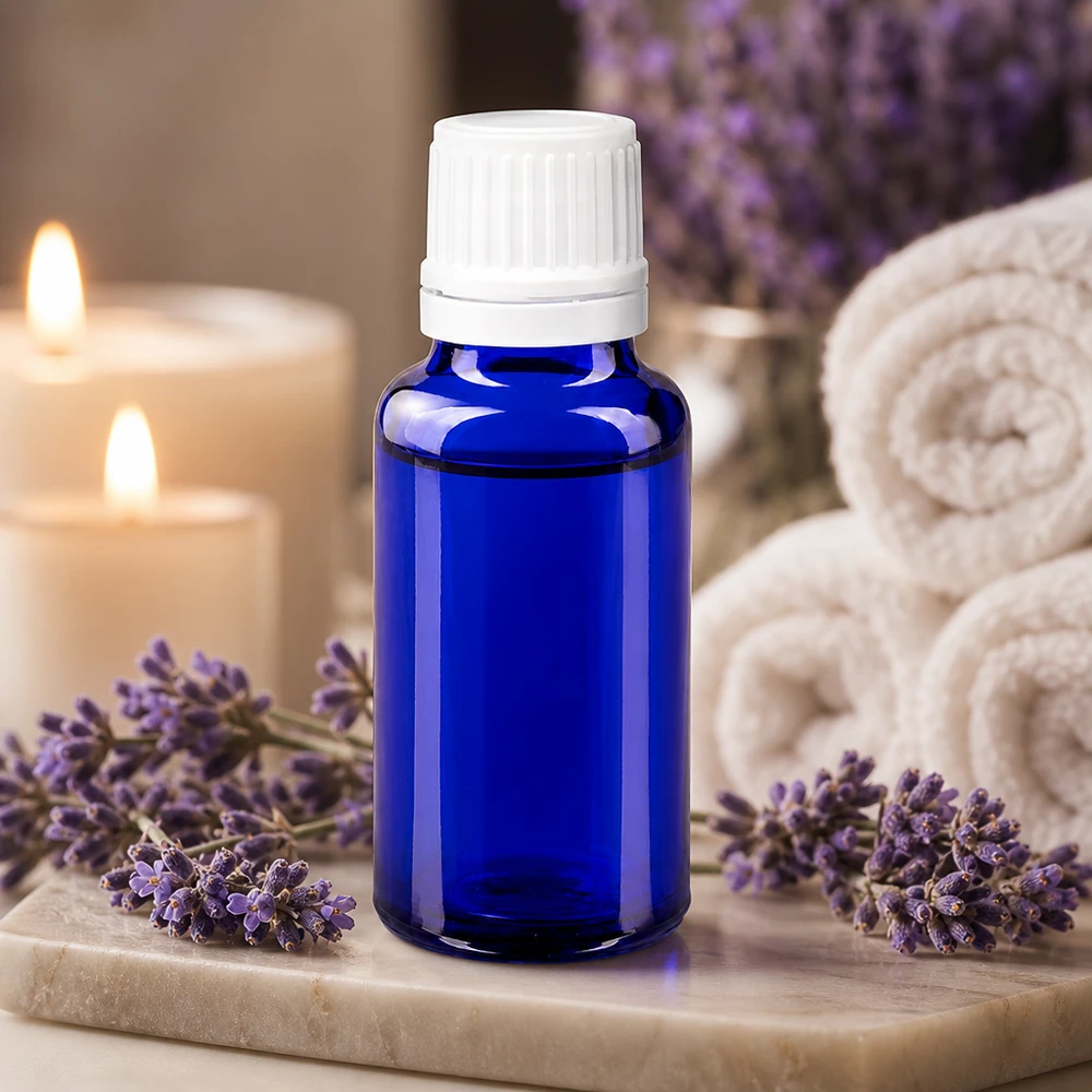 Flacon à pharmacie bleu 20ml bouchon compte-gouttes 1.2mm blanc fermeture inviolable Flacon doseur de 20 ml en verre bleu cobalt avec bouchon d'inviolabilité blanc, destiné aux cosmétiques naturels et aux huiles