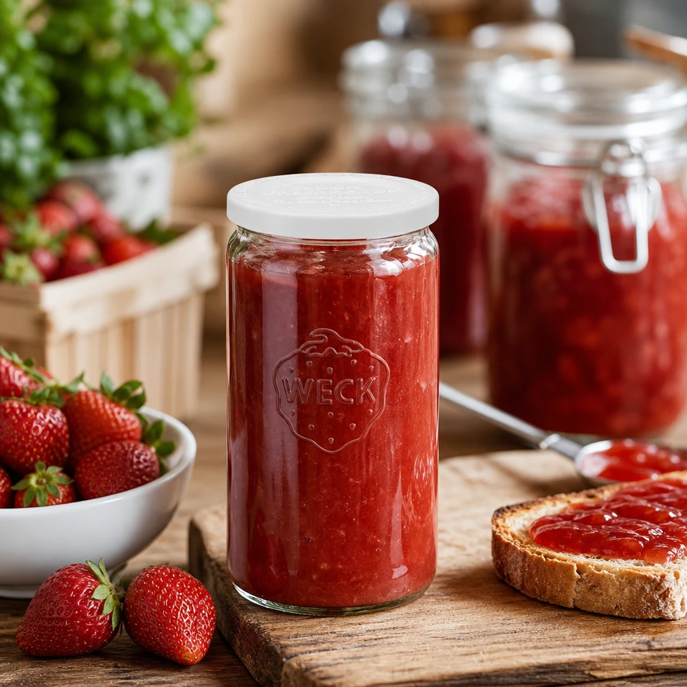 WECK Pot cylindrique 340ml rempli de confiture de fraises dans une cuisine rustique avec des fraises fraîches et du pain
