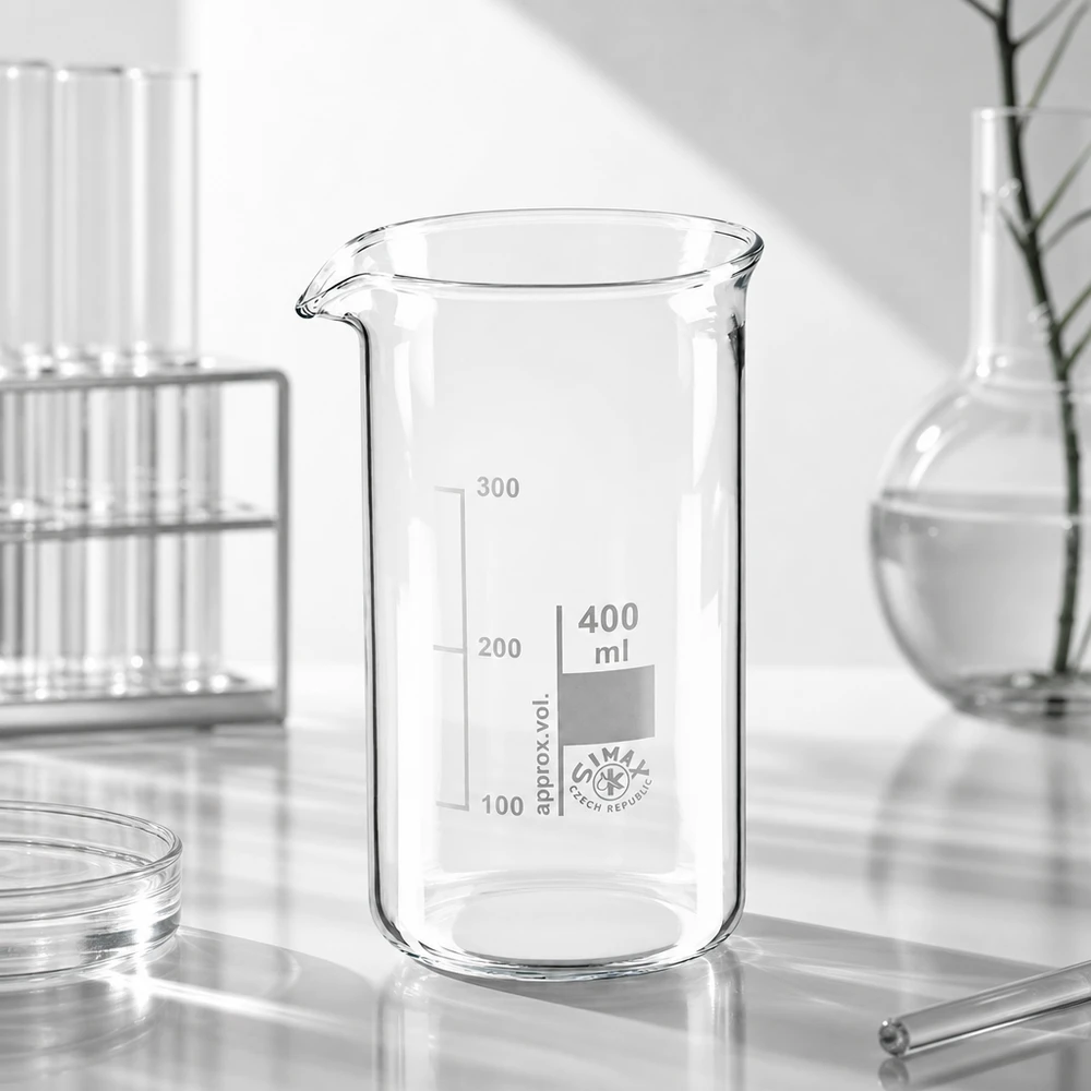 Bécher 400ml en verre borosilicate résistant à la chaleur (forme haute) Bécher de 400 ml, de forme haute, en verre borosilicaté, adapté à la chimie, à la biologie et à la médecine