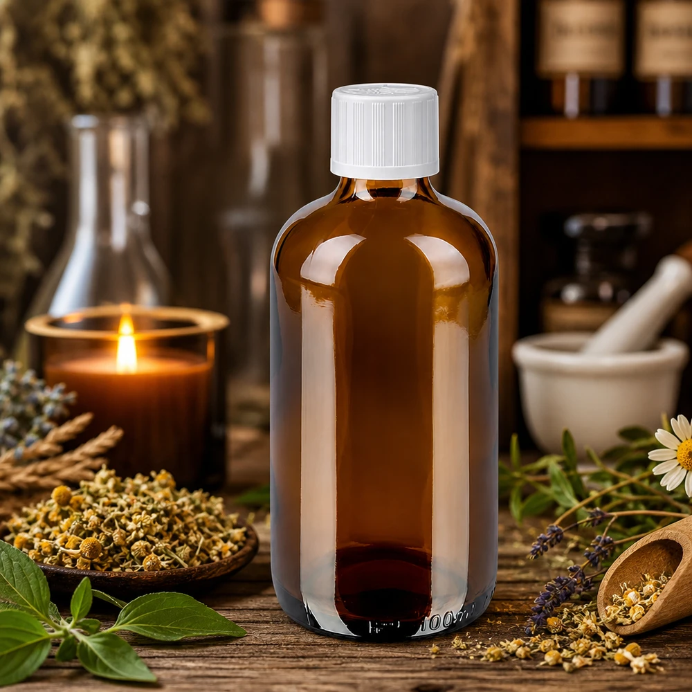 Flacon de pharmacie en verre ambré de 100 ml, bouchon de sécurité pour enfants, contenant des herbes médicinales séchées à la camomille