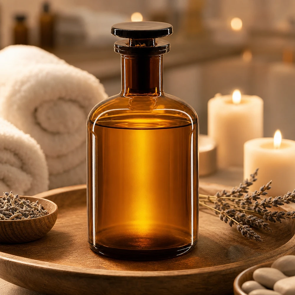 Flacon pharmaceutique 100 ml col étroit en verre ambré + bouchon Flacon décoratif en verre ambré de 100 ml, bouchon en verre, col étroit, pour le bien-être et la beauté