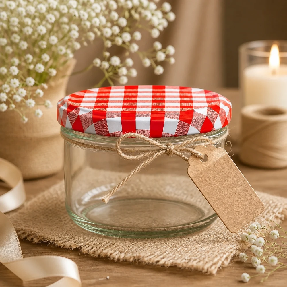 230ml Verre cylindrique avec couvercle BasicSeal rouge/blanc UNiTWIST Verre cylindrique vide de 230 ml avec couvercle BasicSeal à carreaux rouges et blancs et étiquette cadeau dans une scène décorative