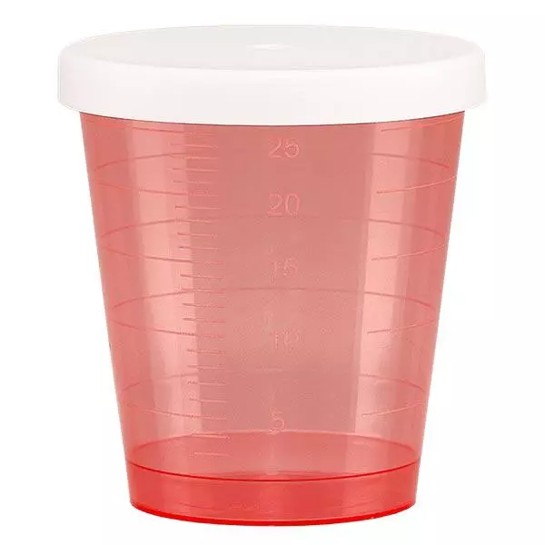 Gobelet à médicaments 30 ml + couvercle à déclic (gobelet pharmaceutique / verre à eau-de-vie) couleur : rouge