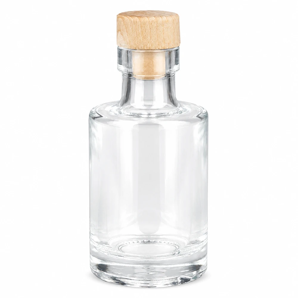 Bouteille en verre Marie 100ml avec bouchon à poignée en bois UNiTWIST vide transparent forme ronde Photo du produit sur fond blanc