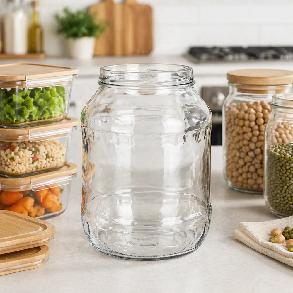 2650ml Verre rond sans couvercle (TO100) UNiTWIST Verre rond renversé 2650ml UNiTWIST Runda2650 dans une cuisine moderne entre les récipients de stockage avec des légumineuses