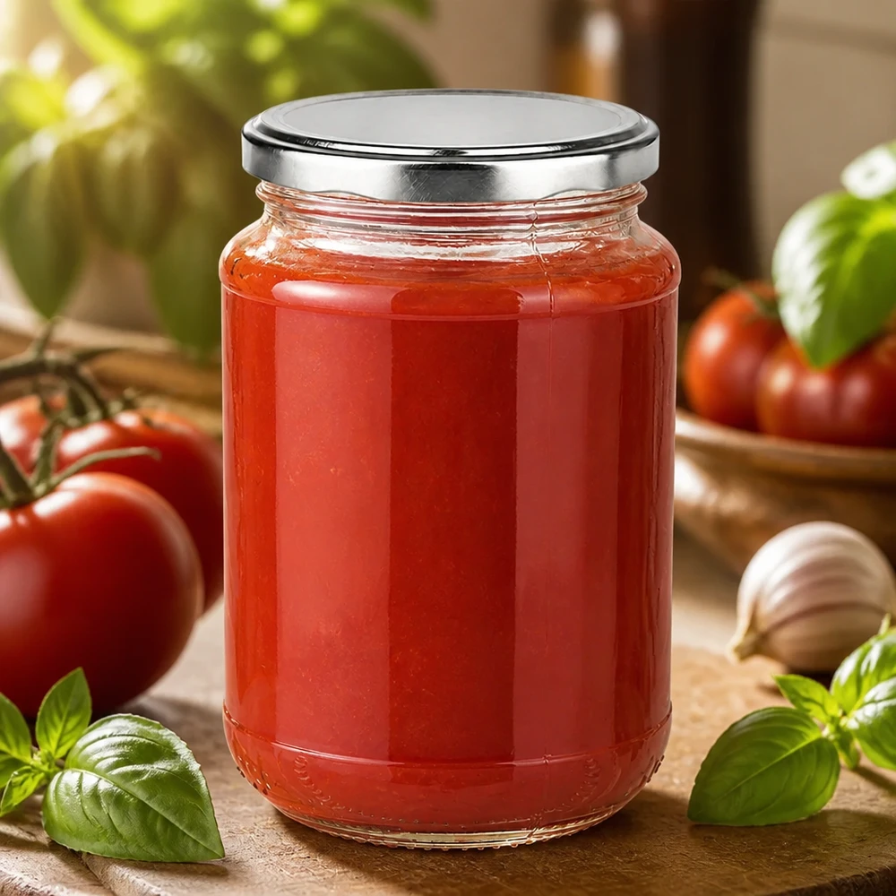 Bocal rond en verre BasicSeal argenté de 320 ml, hermétiquement fermé, contenant de la sauce tomate rouge, présenté sur une planche en bois