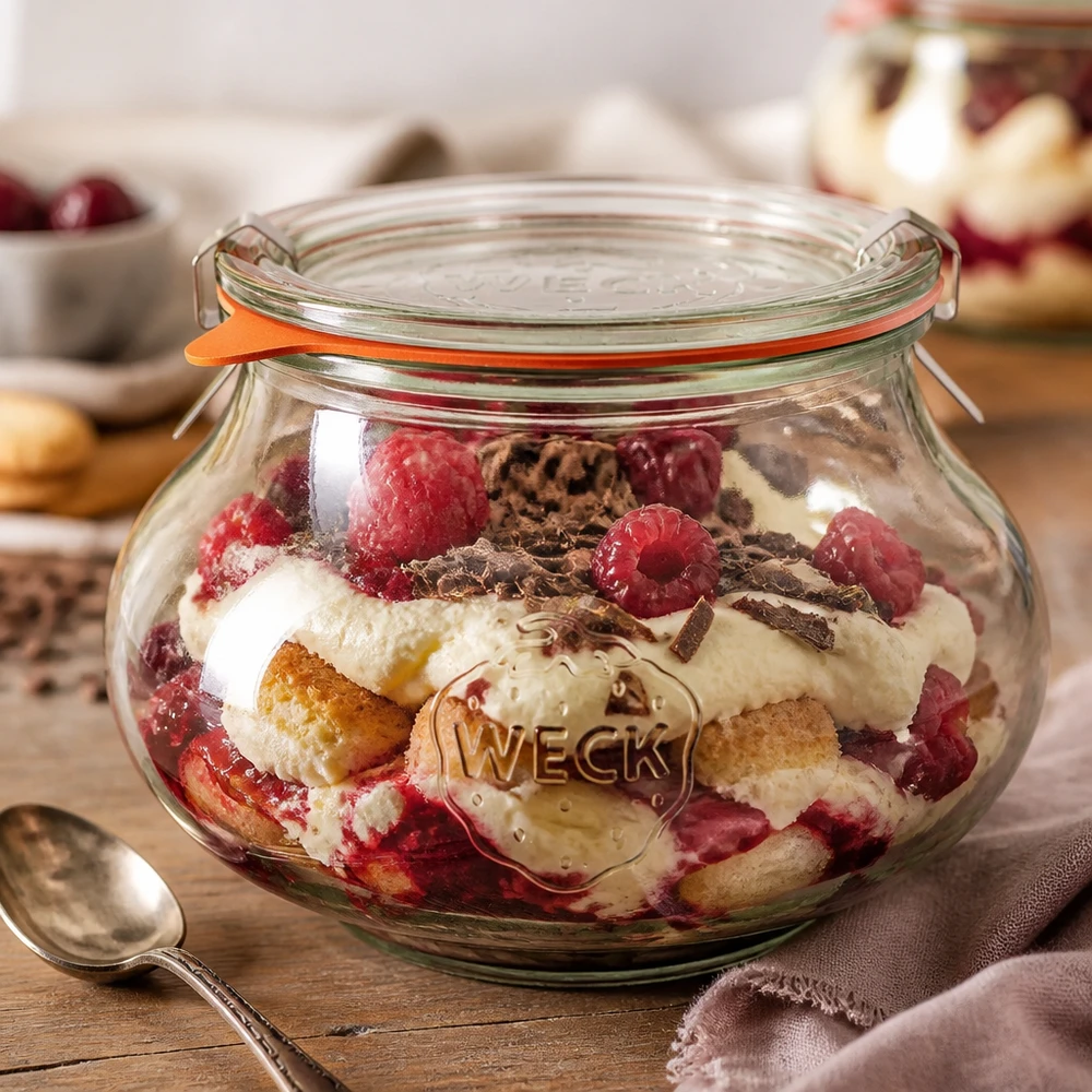 WECK Pot à bijoux 1062ml RR100 comme pot à dessert avec trifle de couches baies et crème dessert en pot de conserve