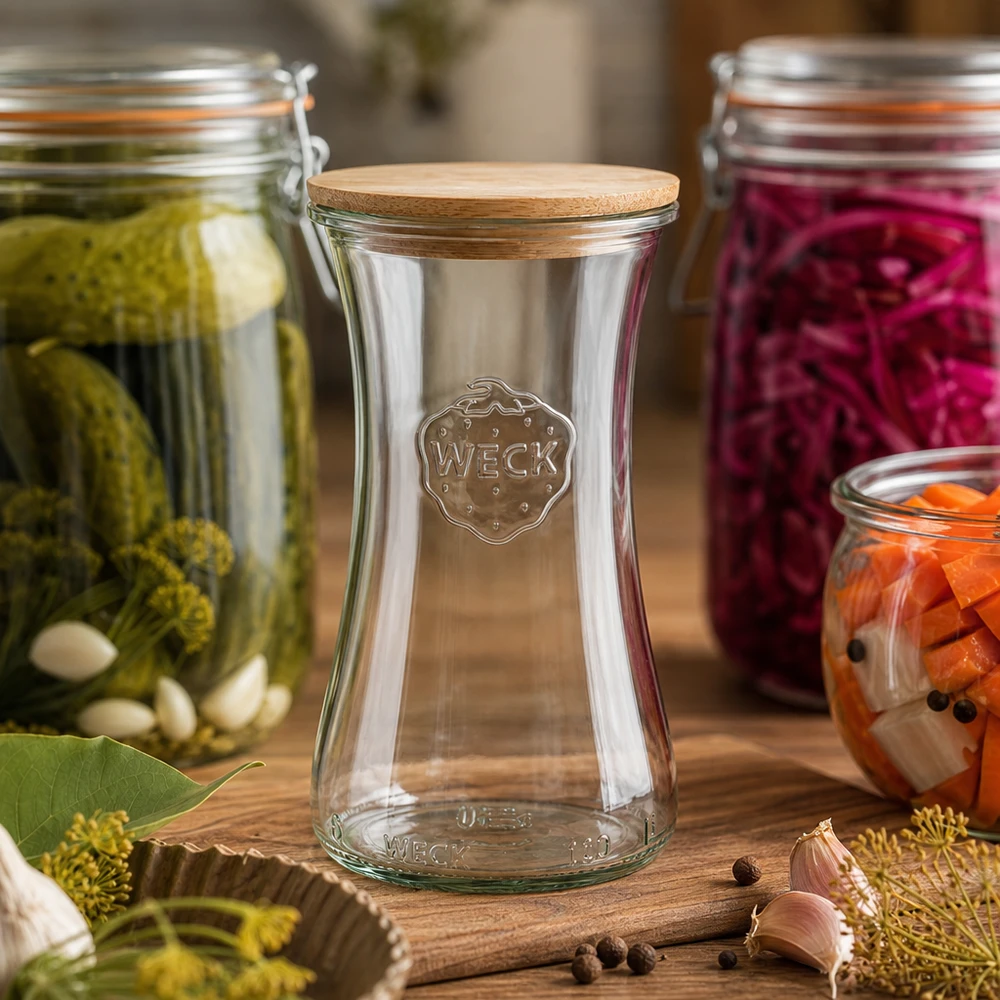 WECK Pot 100ml RR40 avec couvercle en bambou entouré de bocaux colorés avec légumes fermentés et épices
