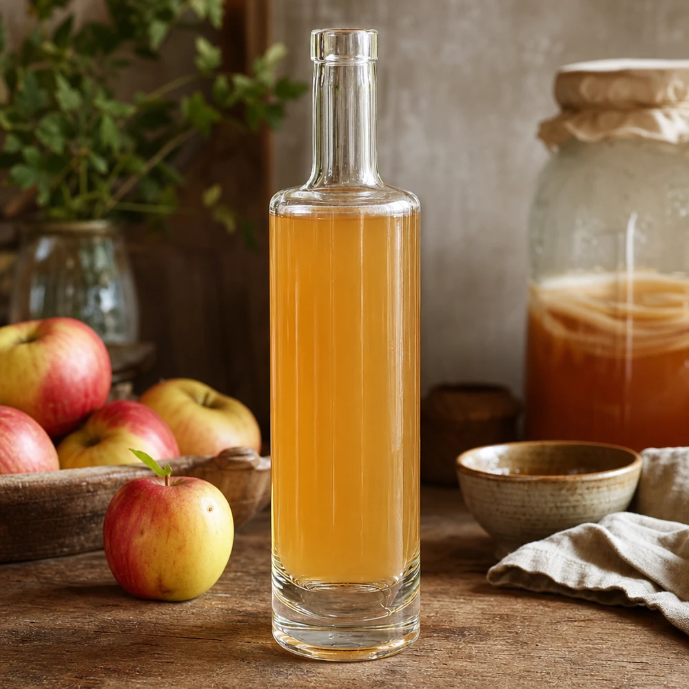 Flacon en verre 500 ml « Lina » sans bouchon UNiTWIST® Bouteille en verre Lina de 500 ml remplie de jus de pomme doré dans une scène de cuisine rustique avec des pommes fraîches et du miel