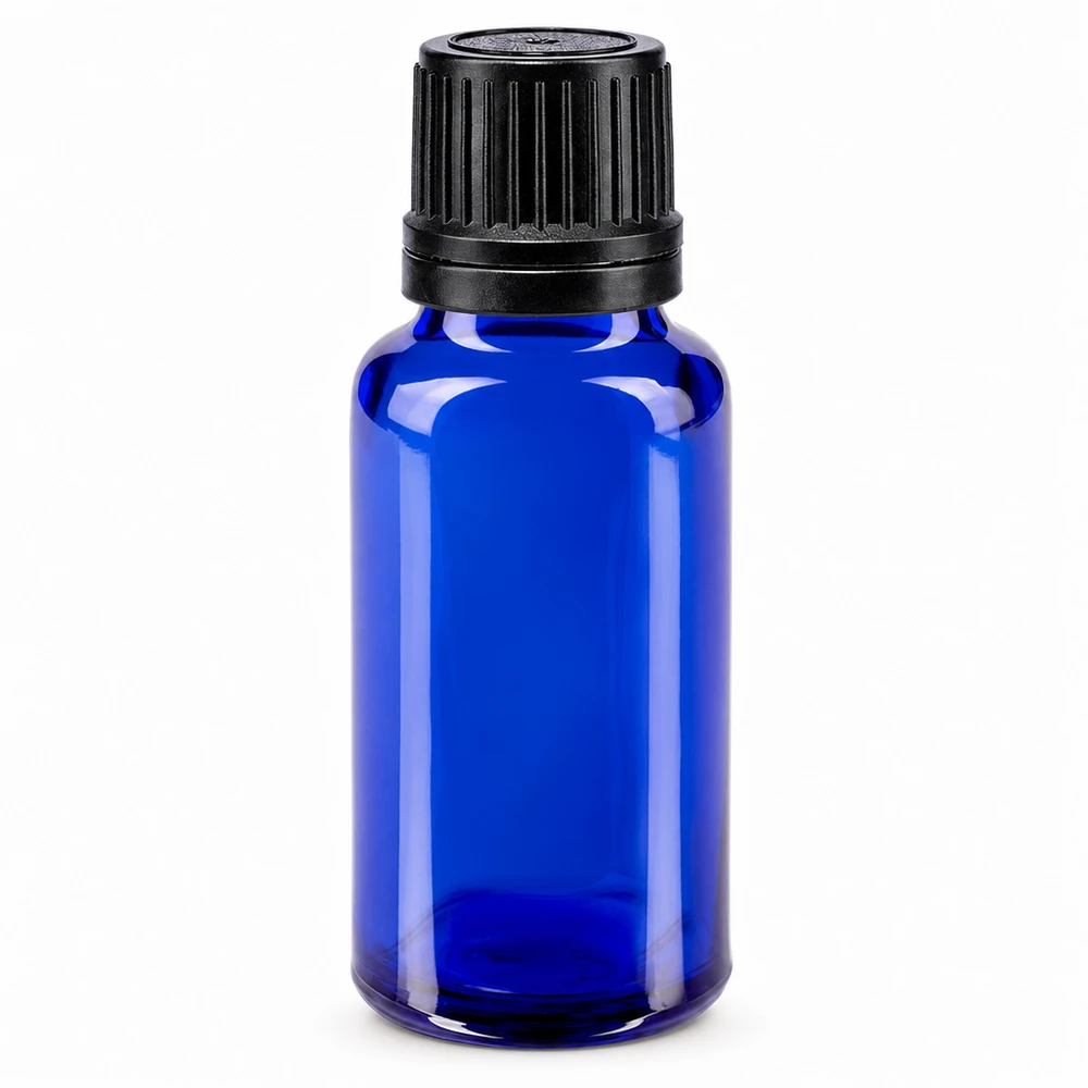 Flacon à pharmacie bleu 20ml bouchon à vis noir bague de coulée bouchon d'inviolabilité Flacon en verre bleu cobalt de 20 ml avec bouchon compte-gouttes noir à sécurité enfant
