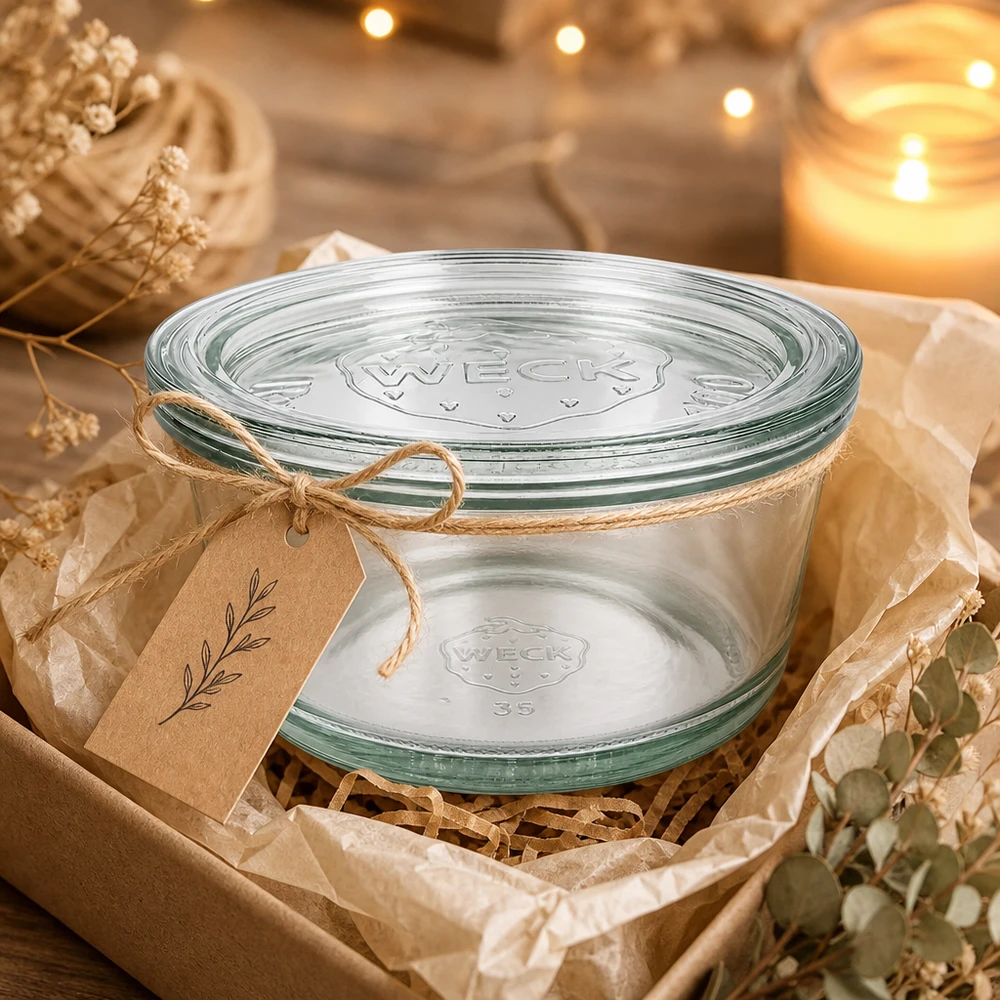 WECK RR120 Pot gourmand 450ml comme emballage cadeau avec pendentif en papier kraft et décoration rustique