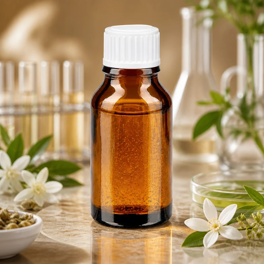Petit flacon de pharmacie marron de 15 ml, entouré de fleurs blanches et d'herbes sur un fond de marbre